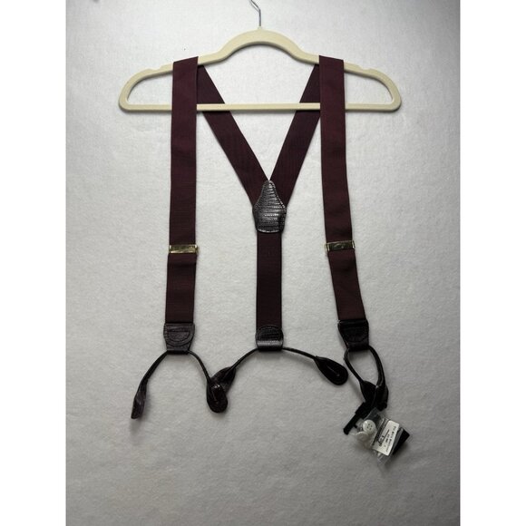 NWT Men's Wearhouse Elastic Suspenders Maroon Red Solid Leather Button Loop Tips - Picture 1 of 3